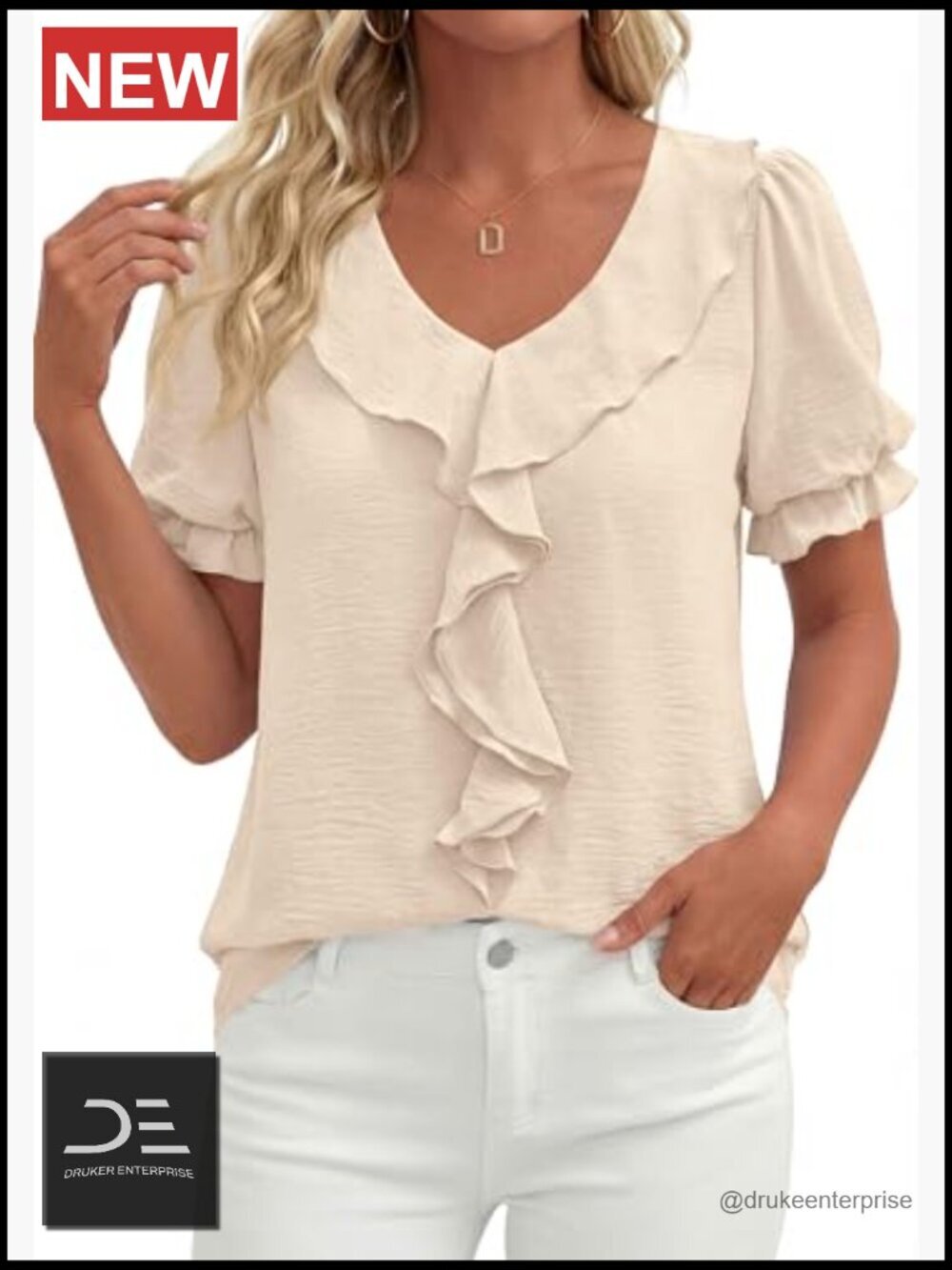 V Neck Ruffle Top, Puff Sleeve Blouse, Short Sleeve, Lightweight - Picture 6 of 7
